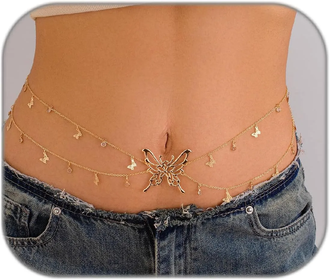 Butterfly Waist Chain for Women Silver/Gold Layered Belly Chain Adjustable Charm Sexy Body Chain Belt Y2k Stomach Chain Fashion Jewelry Gifts Accessories