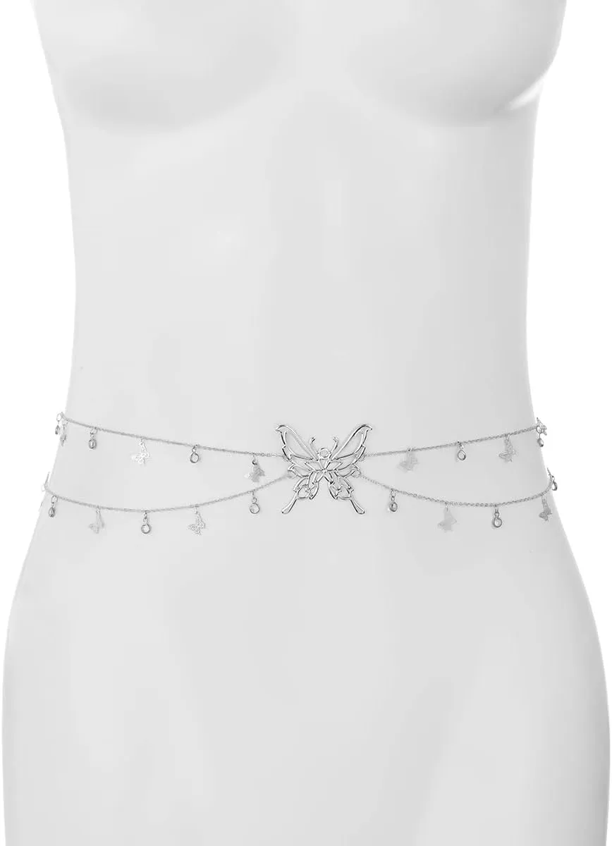 Butterfly Waist Chain for Women Silver/Gold Layered Belly Chain Adjustable Charm Sexy Body Chain Belt Y2k Stomach Chain Fashion Jewelry Gifts Accessories