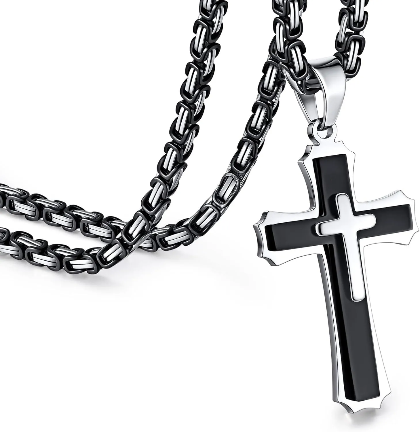 Byzantine Cross Necklace for Men, Black Silver Stainless Steel Cross Chain Pendant Necklace Masculine Chunky Sturdy Mens Christian Jewelry Gift 22/24 Inch