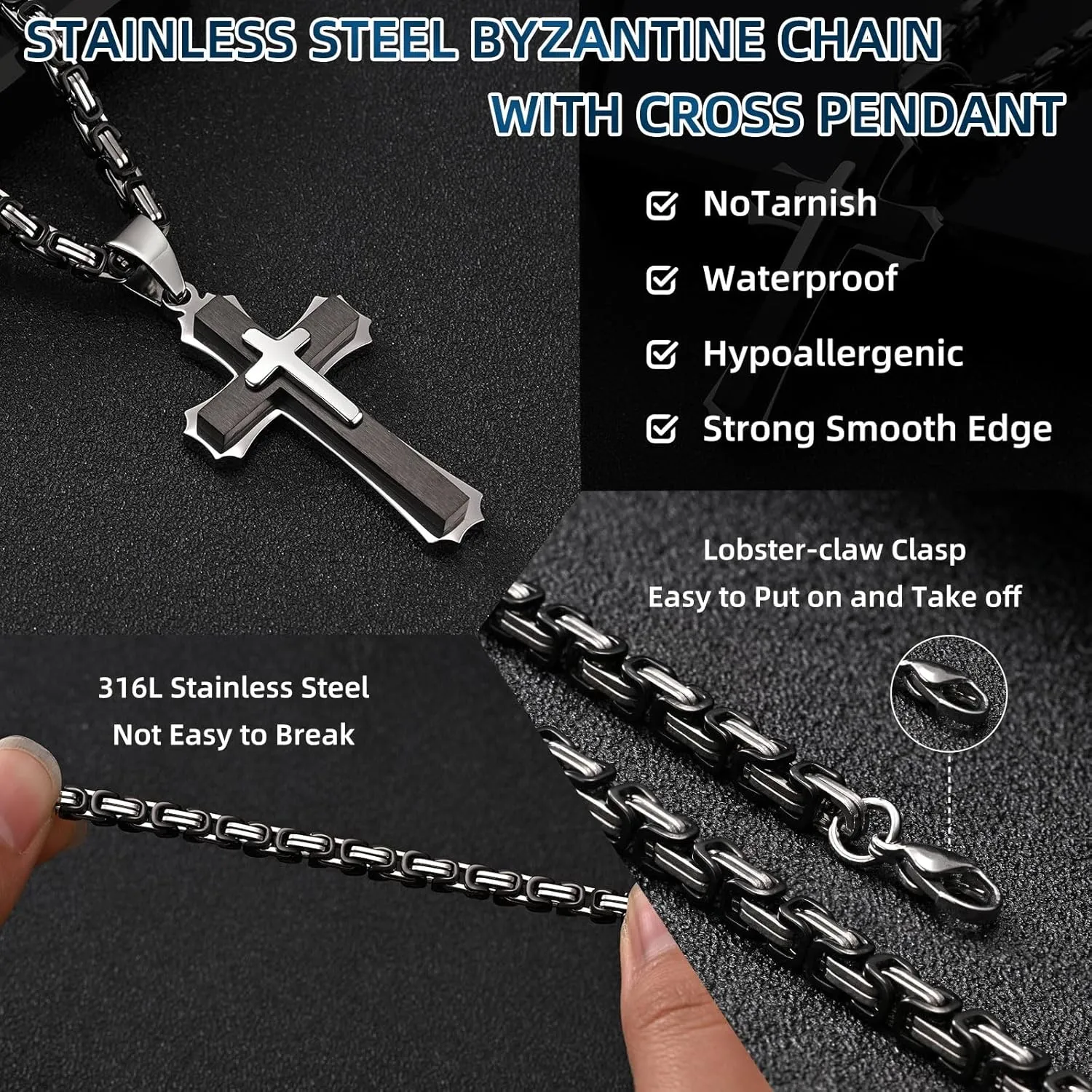 Byzantine Cross Necklace for Men, Black Silver Stainless Steel Cross Chain Pendant Necklace Masculine Chunky Sturdy Mens Christian Jewelry Gift 22/24 Inch