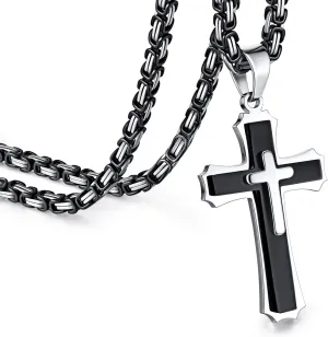 Byzantine Cross Necklace for Men, Black Silver Stainless Steel Cross Chain Pendant Necklace Masculine Chunky Sturdy Mens Christian Jewelry Gift 22/24 Inch