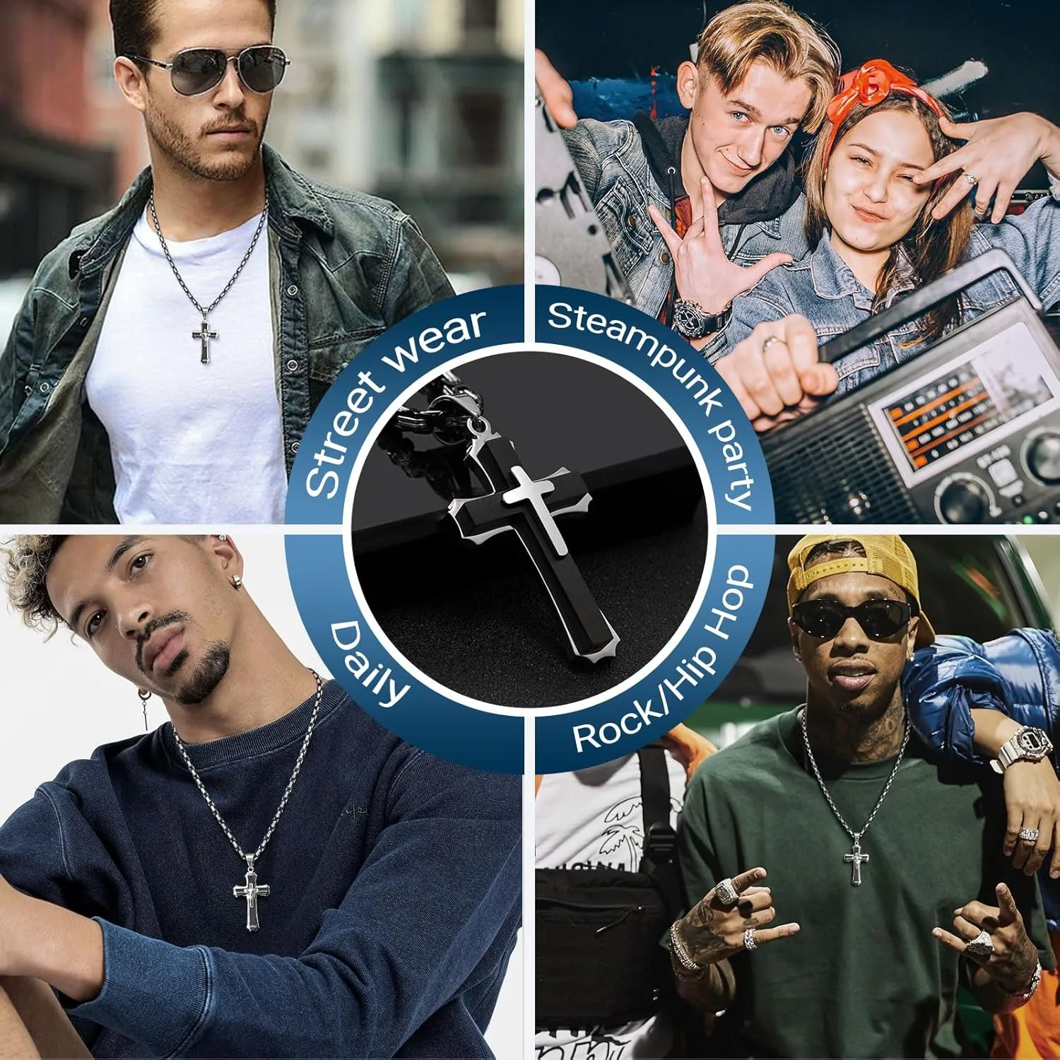 Byzantine Cross Necklace for Men, Black Silver Stainless Steel Cross Chain Pendant Necklace Masculine Chunky Sturdy Mens Christian Jewelry Gift 22/24 Inch