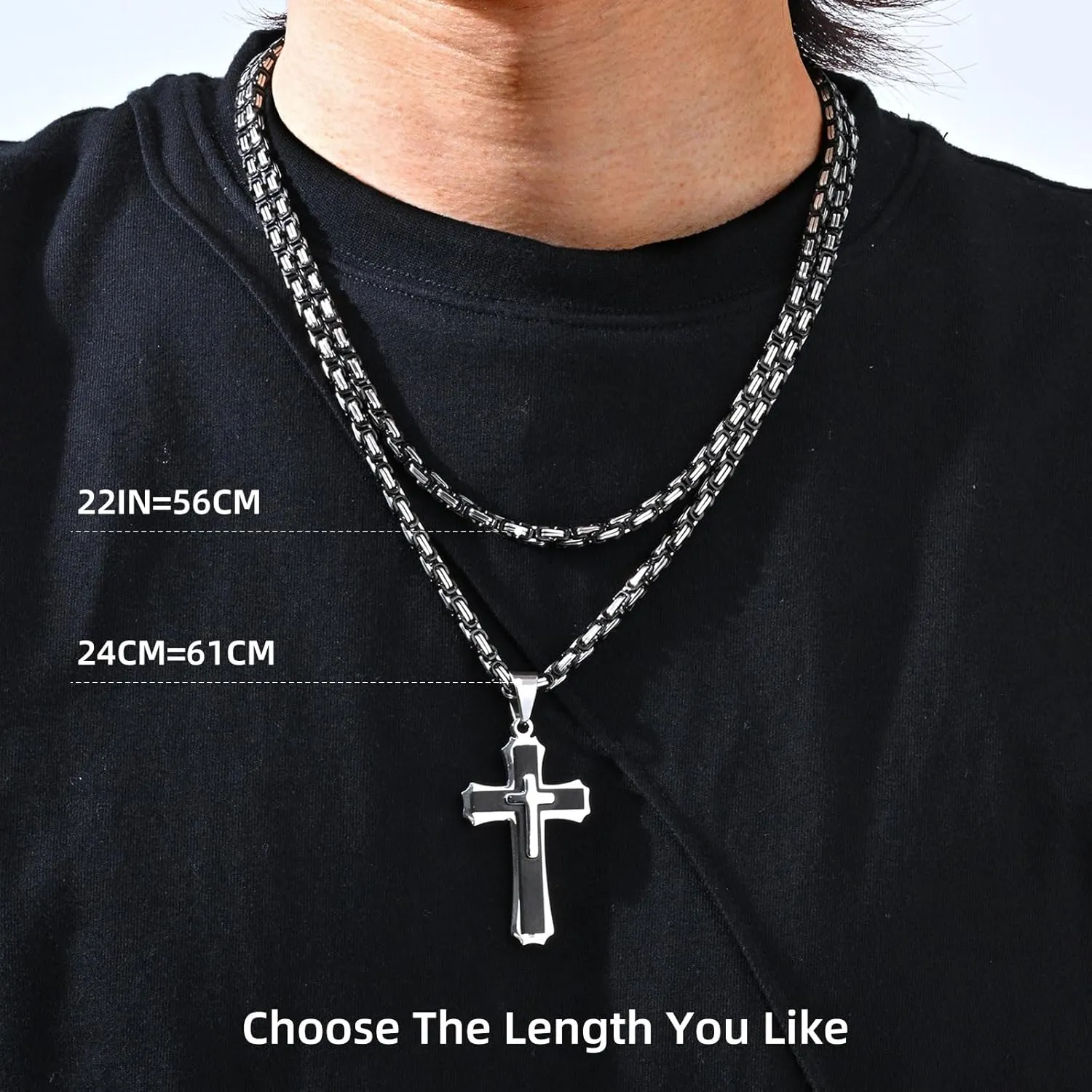 Byzantine Cross Necklace for Men, Black Silver Stainless Steel Cross Chain Pendant Necklace Masculine Chunky Sturdy Mens Christian Jewelry Gift 22/24 Inch