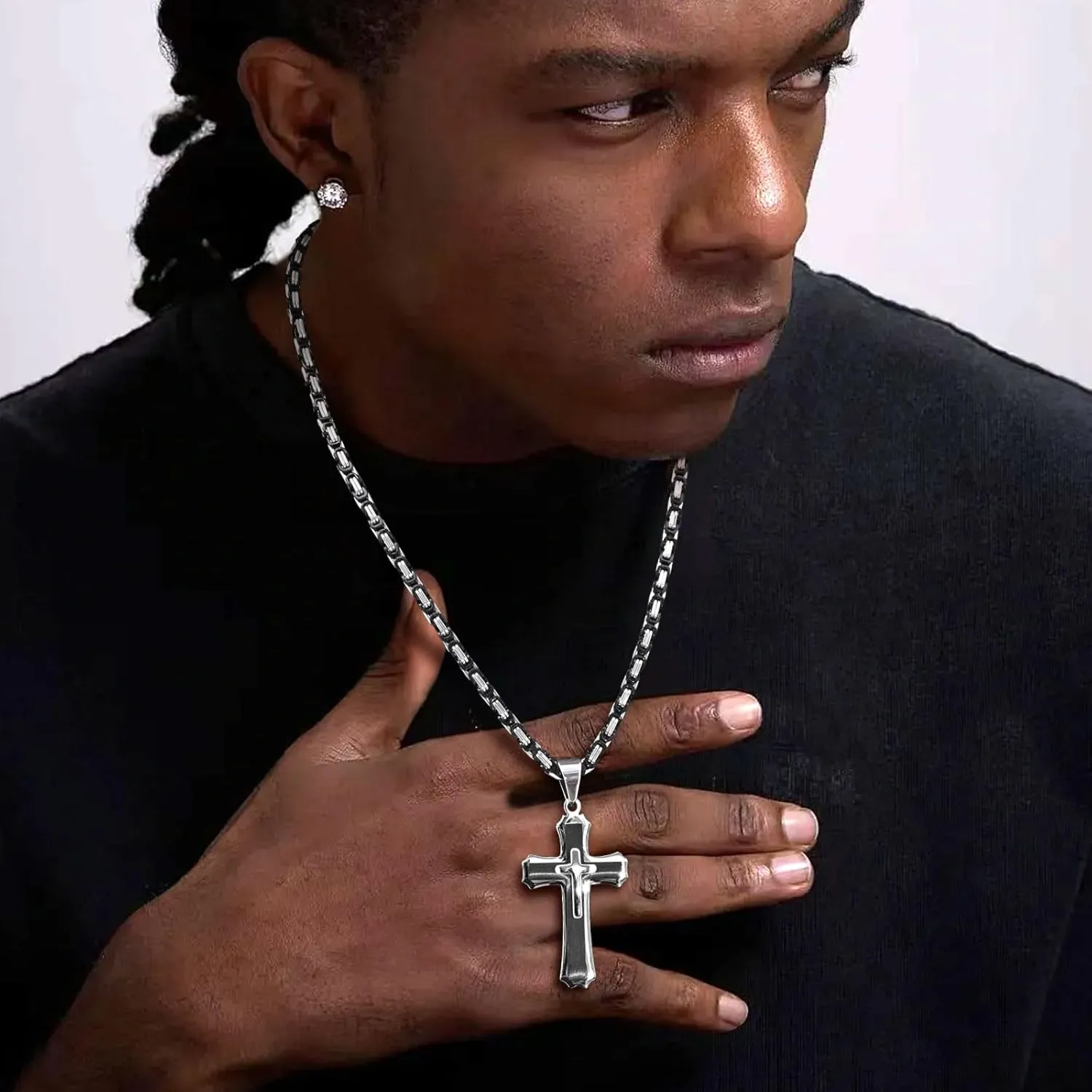Byzantine Cross Necklace for Men, Black Silver Stainless Steel Cross Chain Pendant Necklace Masculine Chunky Sturdy Mens Christian Jewelry Gift 22/24 Inch