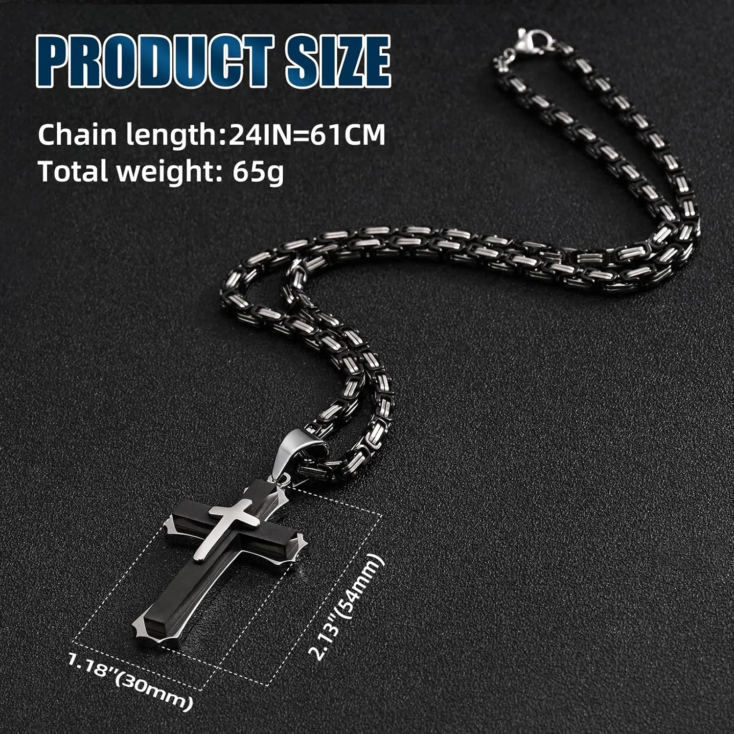 Byzantine Cross Necklace for Men, Black Silver Stainless Steel Cross Chain Pendant Necklace Masculine Chunky Sturdy Mens Christian Jewelry Gift 22/24 Inch