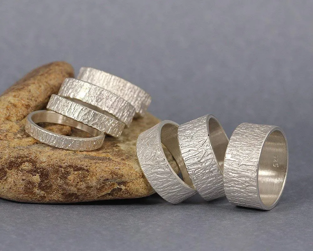 Caprixus 7mm 925 Sterling Silver Wood Bark Tree Bark Textured Rustic Wedding Band Mens Women Unisex Thick Durable Handmade Wedding Ring - Custom Engraving