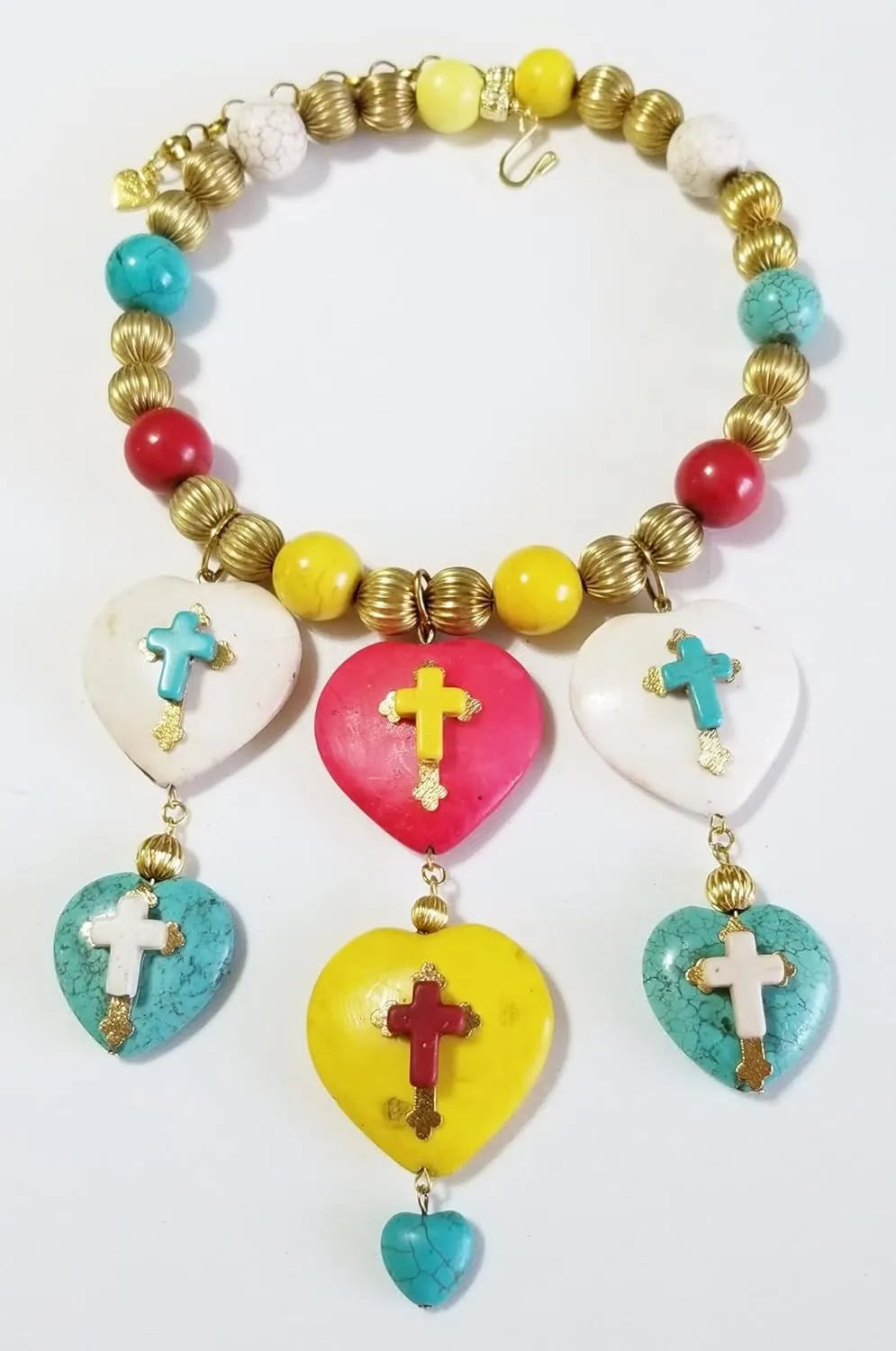 Carved Gemstone Big Colorful Hearts Gold Crosses Faith Love Handmade Necklace Earrings Bracelet