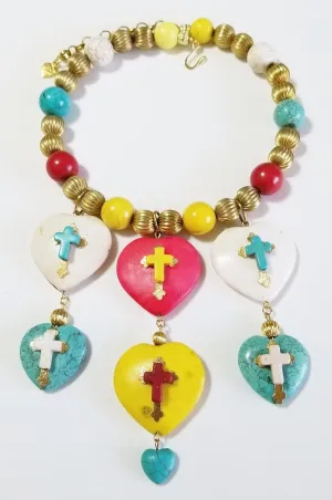 Carved Gemstone Big Colorful Hearts Gold Crosses Faith Love Handmade Necklace Earrings Bracelet