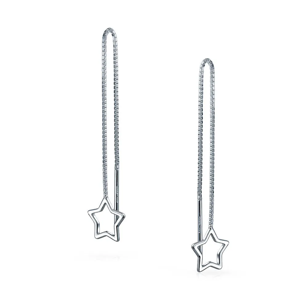 Celestial Star Dangle Earrings Long Chain Threader Sterling Silver Hook