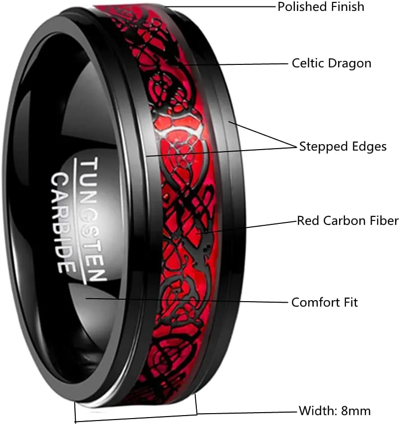 Celtic Dragon Wedding Ring for Him  Black & Red Tungsten - Gothic Anniversary Band for Men