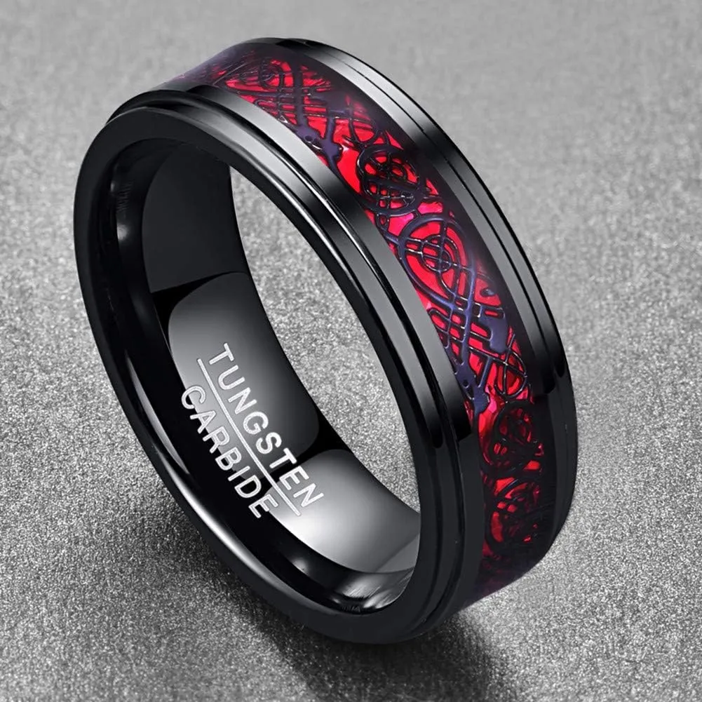 Celtic Dragon Wedding Ring for Him  Black & Red Tungsten - Gothic Anniversary Band for Men
