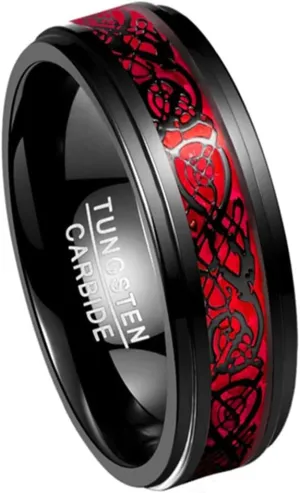 Celtic Dragon Wedding Ring for Him  Black & Red Tungsten - Gothic Anniversary Band for Men