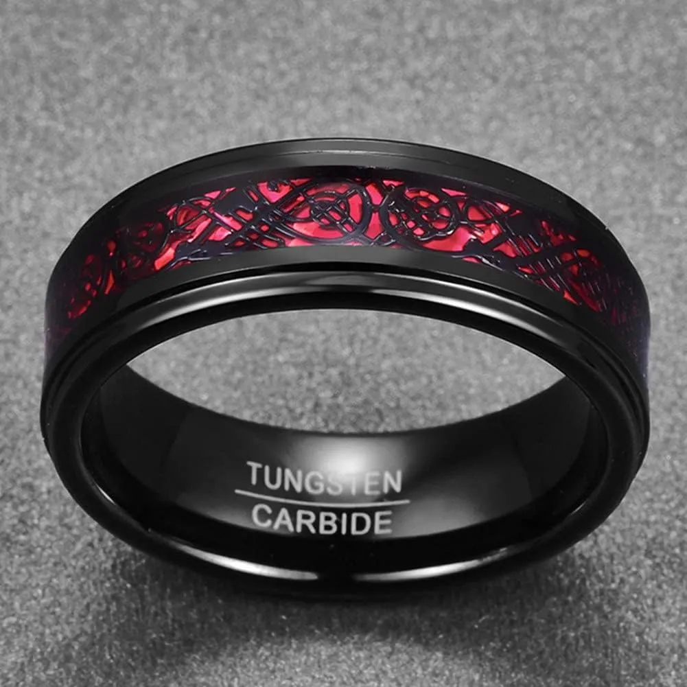 Celtic Dragon Wedding Ring for Him  Black & Red Tungsten - Gothic Anniversary Band for Men