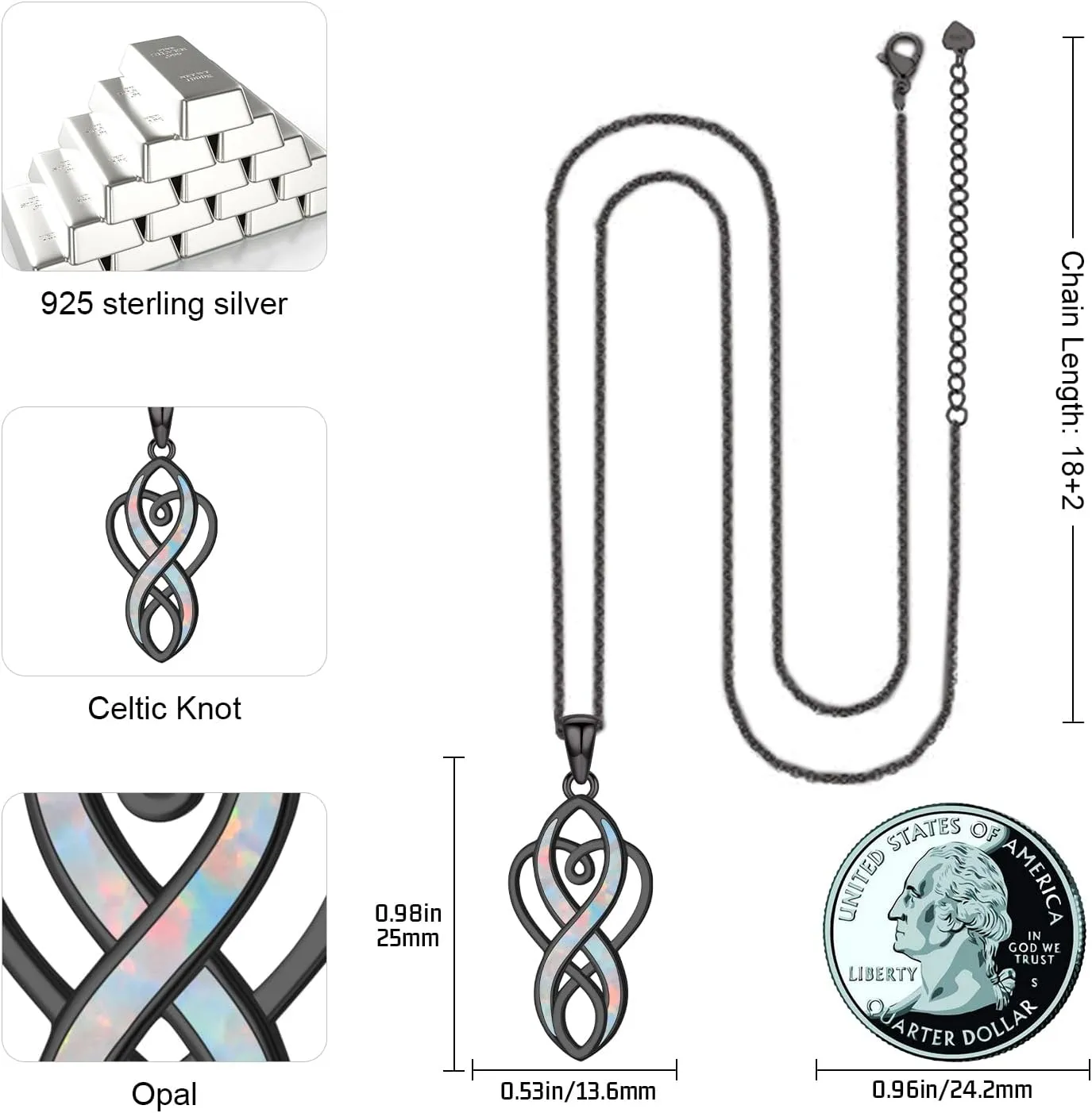 Celtic Knot Necklace for Women 925 Sterling Silver Opal Irish Necklace Infinity Heart Pendant Celtic Jewelry Birthday Gifts for Girlfriend Mom