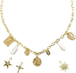 Charm Necklace for Women, Dainty Gold Chunky Charm Necklace, Trendy Pendant Choker Chain Vintage Necklace Jewelry, Handmade Beach Boho Shell Starfish Cross Sun Charms Choker for Gifts
