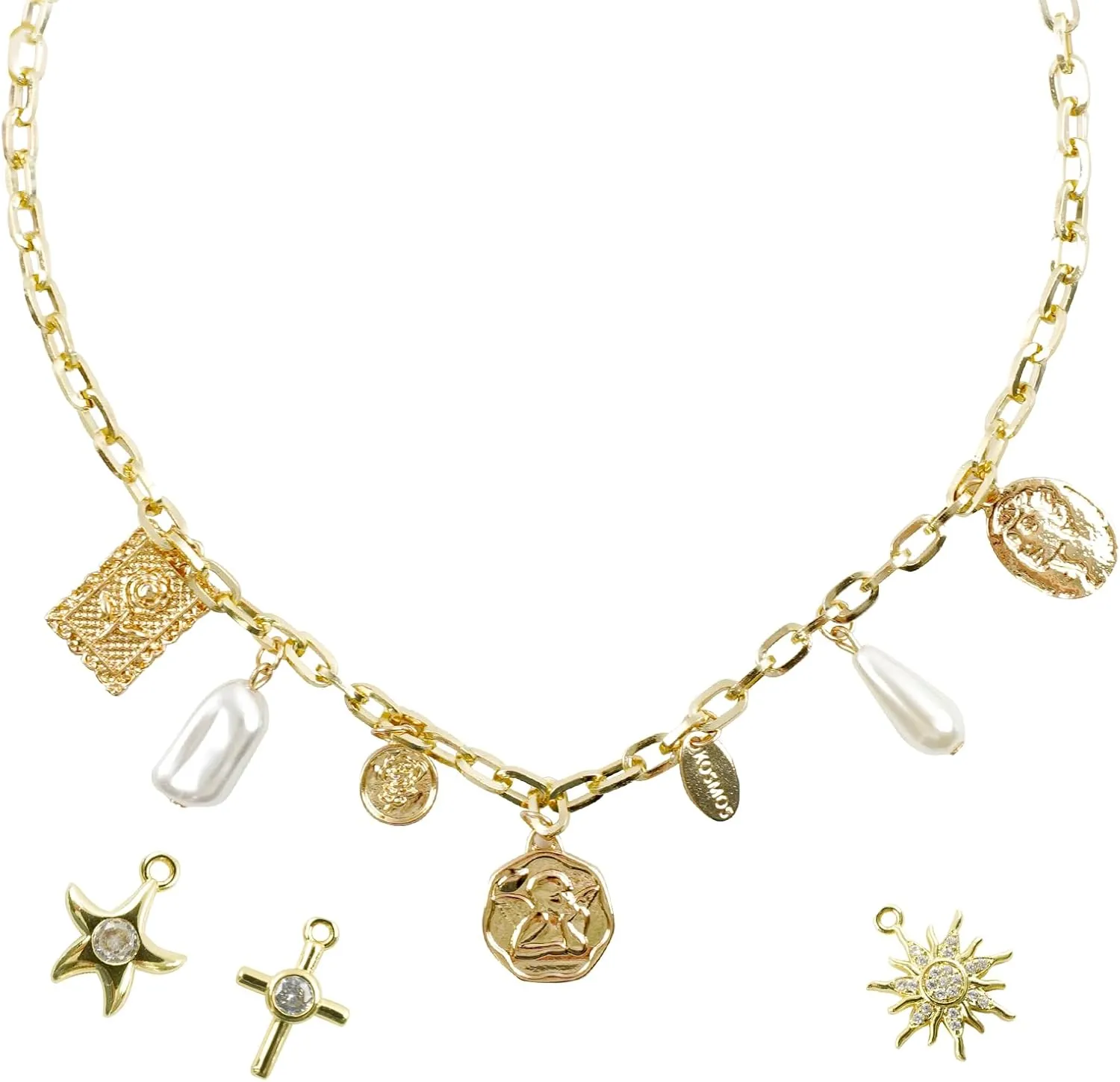 Charm Necklace for Women, Dainty Gold Chunky Charm Necklace, Trendy Pendant Choker Chain Vintage Necklace Jewelry, Handmade Beach Boho Shell Starfish Cross Sun Charms Choker for Gifts