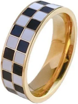 Checkerboard Bands Statement Finger Ring 14K Gold Plated Black White Titanium Steel Ring