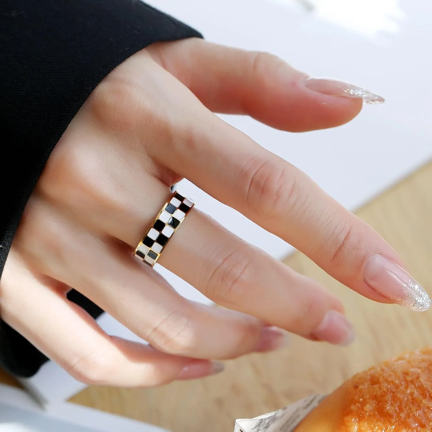 Checkerboard Bands Statement Finger Ring 14K Gold Plated Black White Titanium Steel Ring