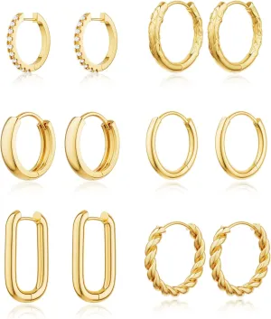 CHESKY 6 Pairs Gold Hoop Earrings Set for Women: Trendy 14k Gold Plated Lightweight Chunky Hoop Earrings Thick Hypoallergenic Open Twisted Huggie Hoops Earring Pack Jewelry for Gifts