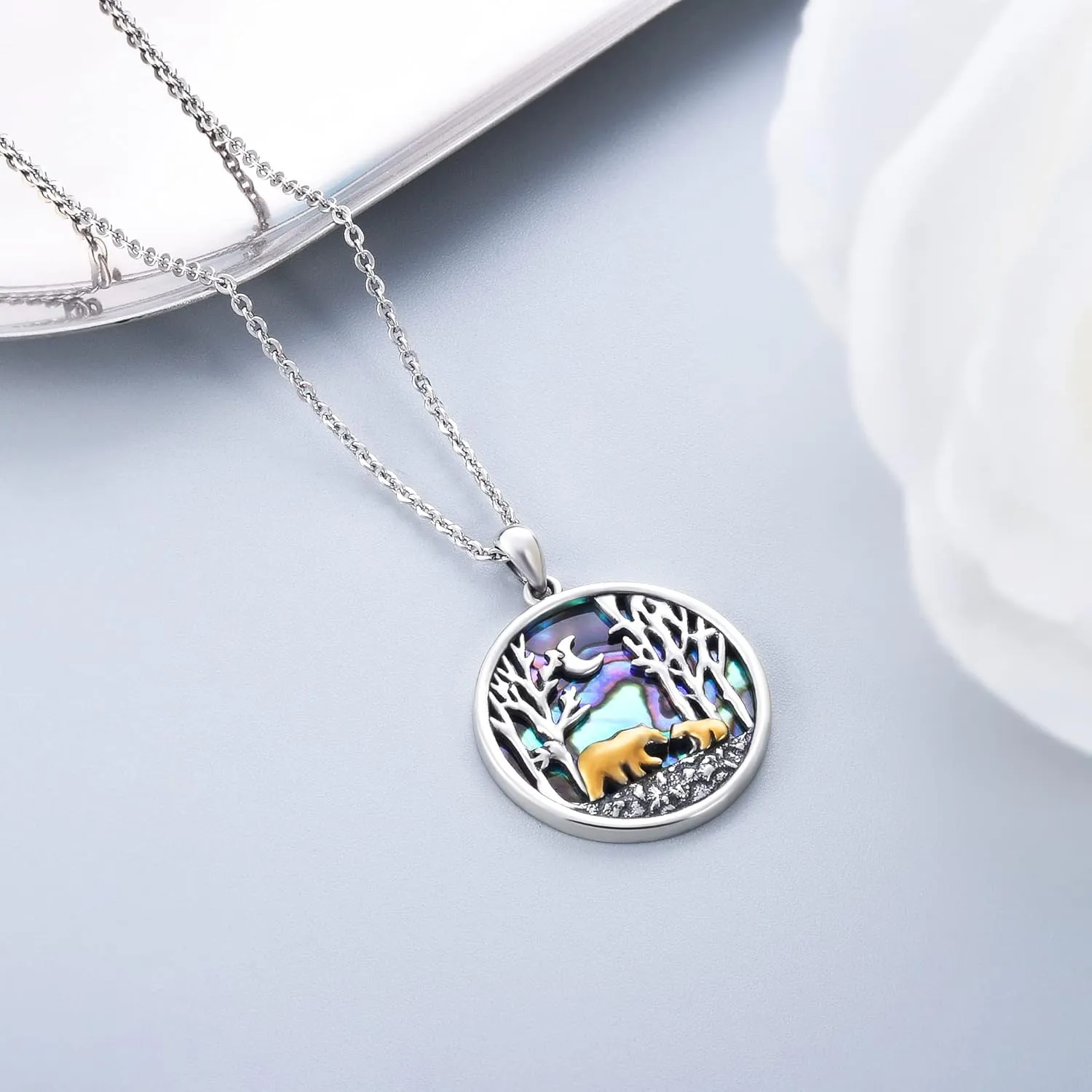 CHIC & ARTSY Animal Necklace 925 Sterling Silver Dainty Abalone Shell Bear,Panda,Bee,Fox,Wolf,Unicorn Pendants Necklace Animal Lover Jewelry for Women Sister Wife Mama Her