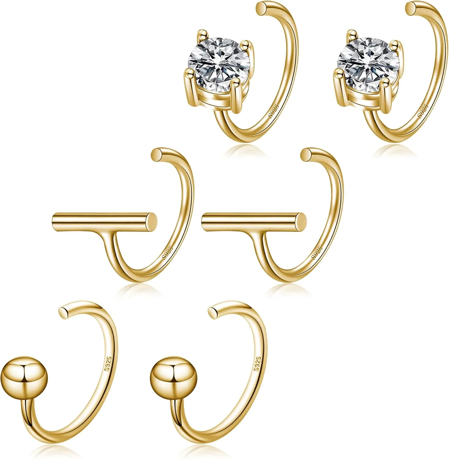 CHIC & ARTSY Half Hoops Earrings 925 Sterling Silver Small Huggie Hoop Earrings Ball, Bar, Star, Moon, Heart, Cross, Dot, Triangle Half Hoops Cartilage Piercing Earrings Tiny Hoop Stud Earrings
