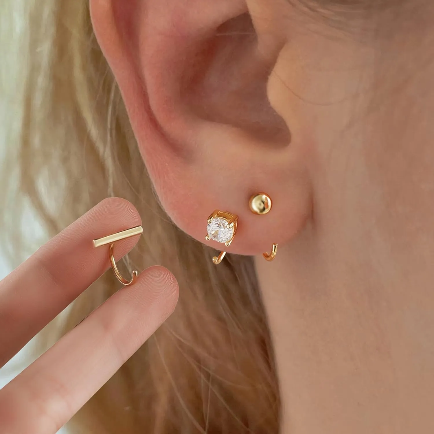 CHIC & ARTSY Half Hoops Earrings 925 Sterling Silver Small Huggie Hoop Earrings Ball, Bar, Star, Moon, Heart, Cross, Dot, Triangle Half Hoops Cartilage Piercing Earrings Tiny Hoop Stud Earrings
