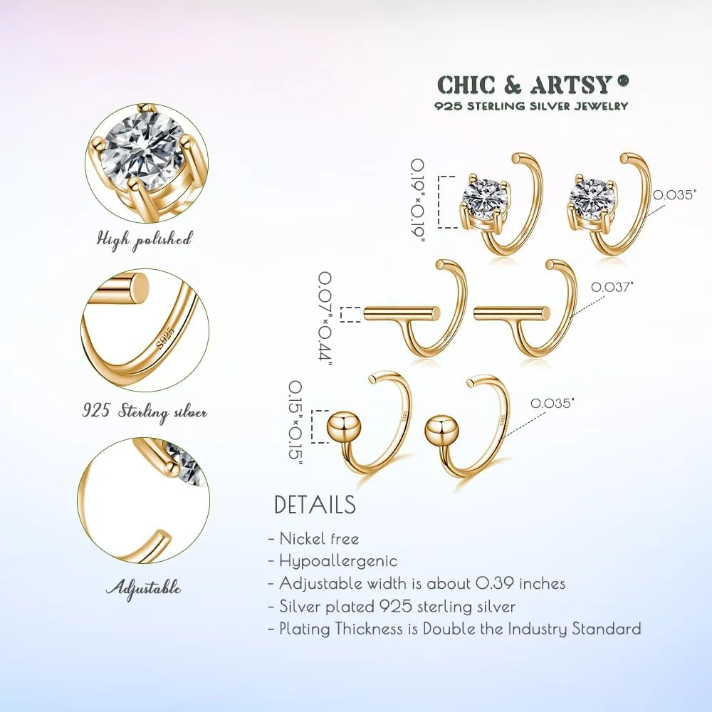 CHIC & ARTSY Half Hoops Earrings 925 Sterling Silver Small Huggie Hoop Earrings Ball, Bar, Star, Moon, Heart, Cross, Dot, Triangle Half Hoops Cartilage Piercing Earrings Tiny Hoop Stud Earrings