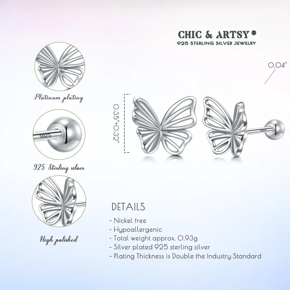 CHIC & ARTSY Solid 925 Sterling Silver Bow/Butterfly Screw Back Stud Earrings for Women Dainty Simple Small Bow Earrings for Her