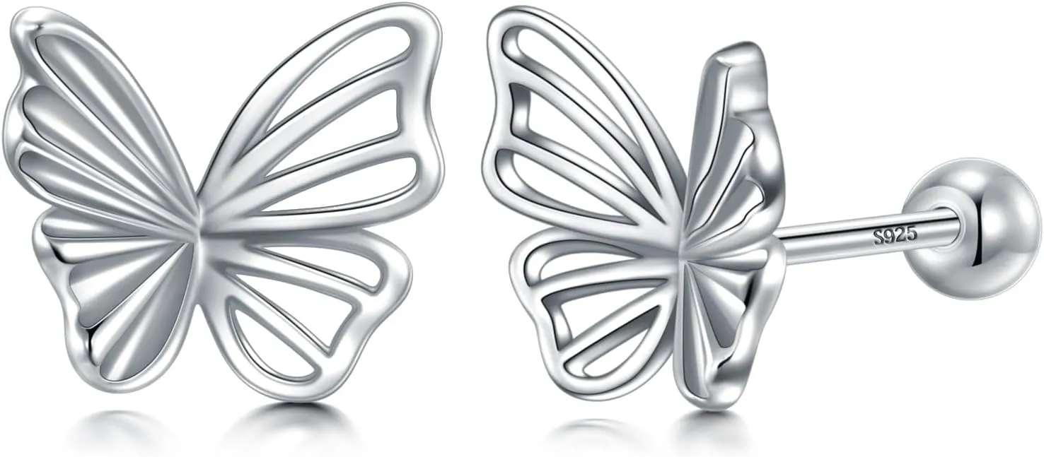 CHIC & ARTSY Solid 925 Sterling Silver Bow/Butterfly Screw Back Stud Earrings for Women Dainty Simple Small Bow Earrings for Her