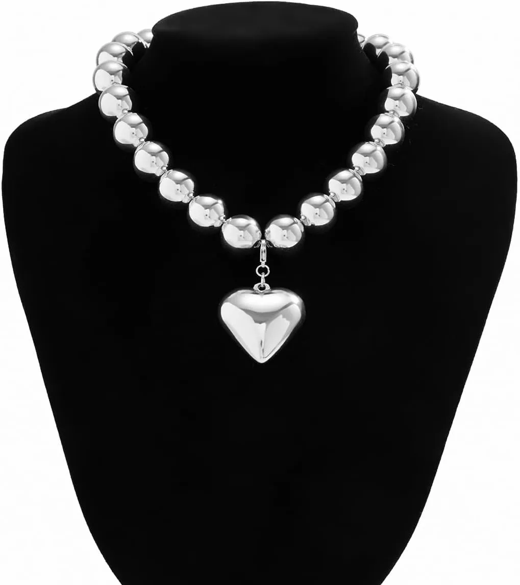 Chunky Choker Necklace for Women Gold Silver Heart Pendant Necklace Pearl Beads Necklace Punk Y2k Accessories Trendy Jewelry Gifts