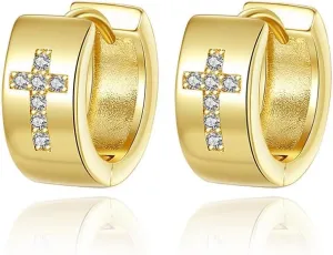 Chunky Cross Hoop Earrings for Women 18K Gold Plated Cubic Zirconia Cross Huggie Earrings 10mm Cartilage Hoops Minimalist Ear Jewelry