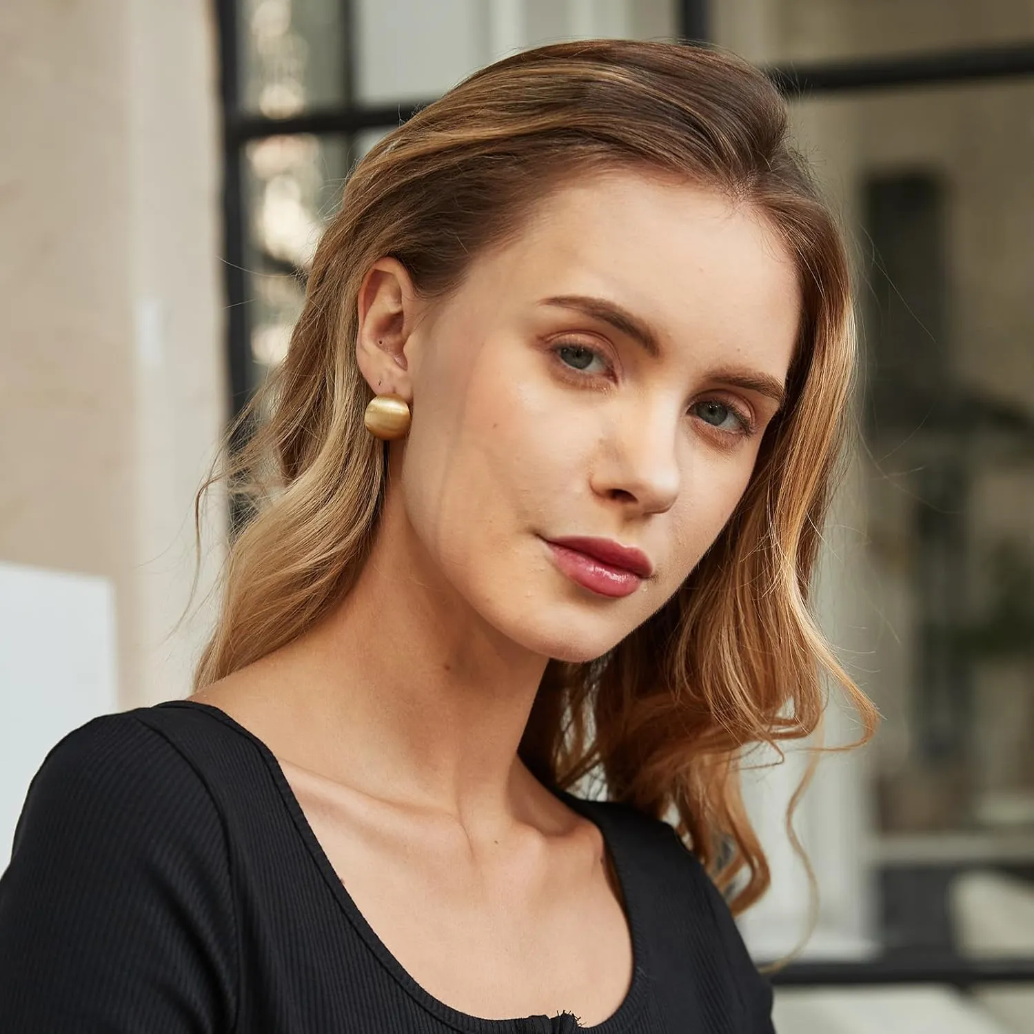 Chunky Gold Earrings 14K Gold Plated Statement Earrings for Women Trendy Hypoallergenic Textured Hoop Earring Ribbed Huggie Stud Earrings Jewelry Gifts