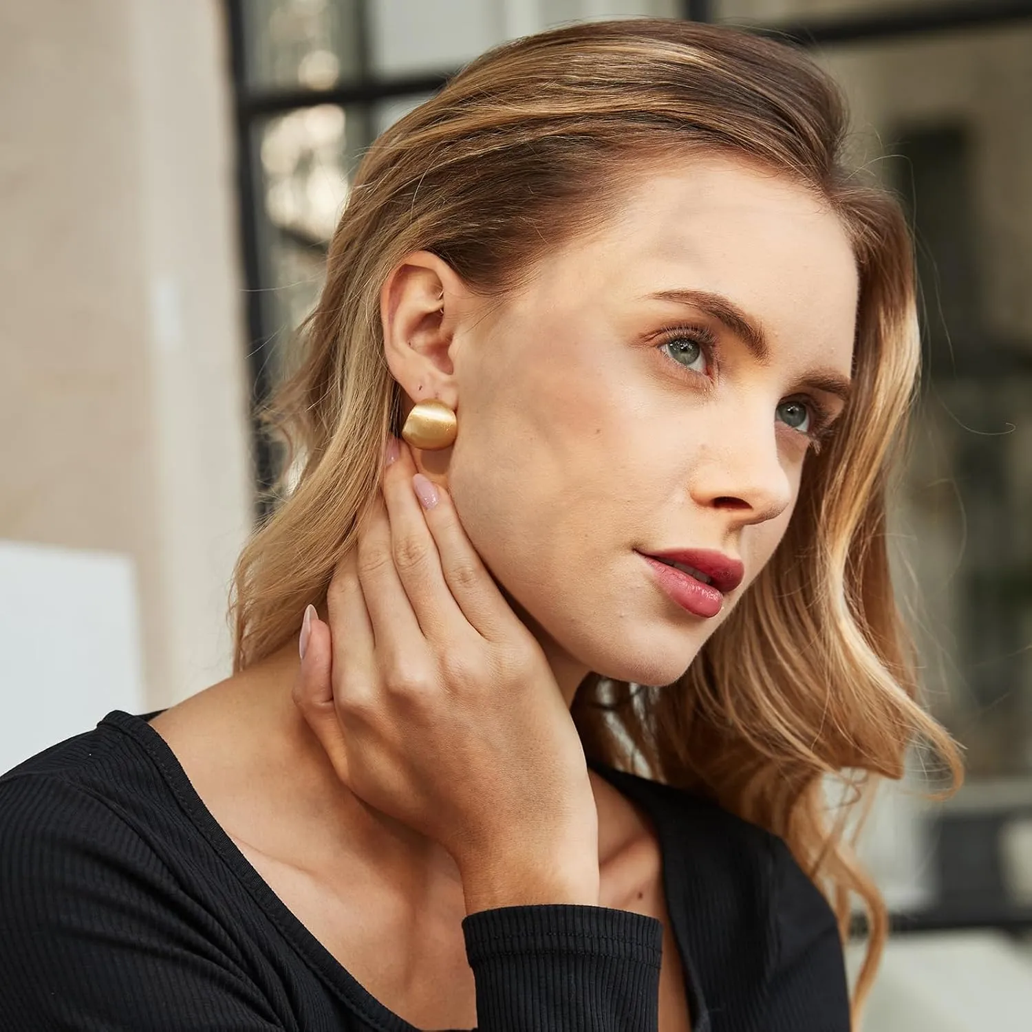 Chunky Gold Earrings 14K Gold Plated Statement Earrings for Women Trendy Hypoallergenic Textured Hoop Earring Ribbed Huggie Stud Earrings Jewelry Gifts