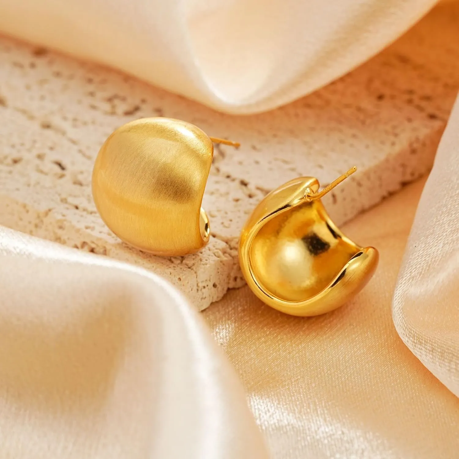 Chunky Gold Earrings 14K Gold Plated Statement Earrings for Women Trendy Hypoallergenic Textured Hoop Earring Ribbed Huggie Stud Earrings Jewelry Gifts