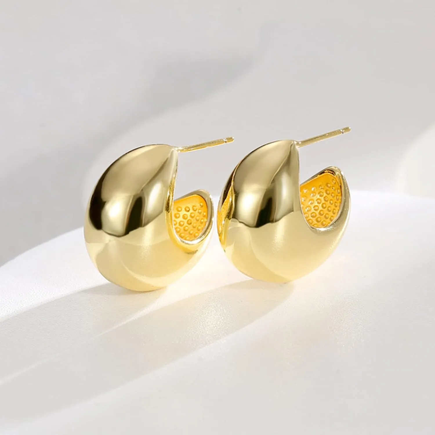 Chunky Gold Hoop Earrings for Women,14K Gold Plated Waterdrop Open Thick Huggie Hypoallergenic Earrings,Trendy Jewelry for Women