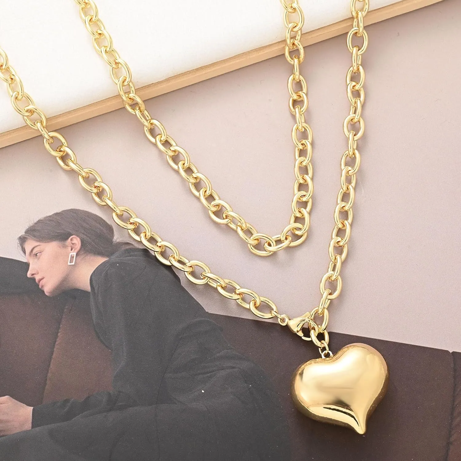 Chunky Gold Necklace for Women Non Tarnish 14K Gold Plated Layered Chrome Heart Necklace Stainless Steel Cuban Chain Link with Puffy Heart Pendant Trendy Punk Jewelry