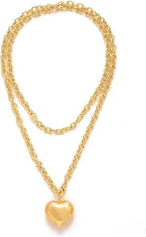 Chunky Gold Necklace for Women Non Tarnish 14K Gold Plated Layered Chrome Heart Necklace Stainless Steel Cuban Chain Link with Puffy Heart Pendant Trendy Punk Jewelry