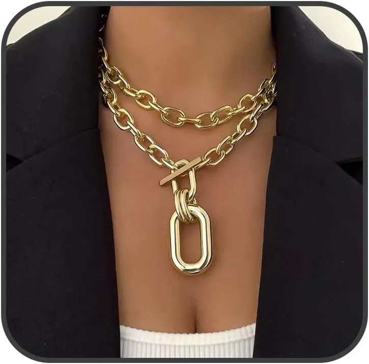 Chunky Gold Necklace for Women Punk Thick Statement Lock Necklace Cuban Layered Link Chain Choker Carabiner Paperclip Chain Stack Toggle Bar Clasp Choker Hip hop Trendy Costume Jewelry