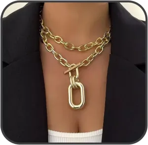 Chunky Gold Necklace for Women Punk Thick Statement Lock Necklace Cuban Layered Link Chain Choker Carabiner Paperclip Chain Stack Toggle Bar Clasp Choker Hip hop Trendy Costume Jewelry