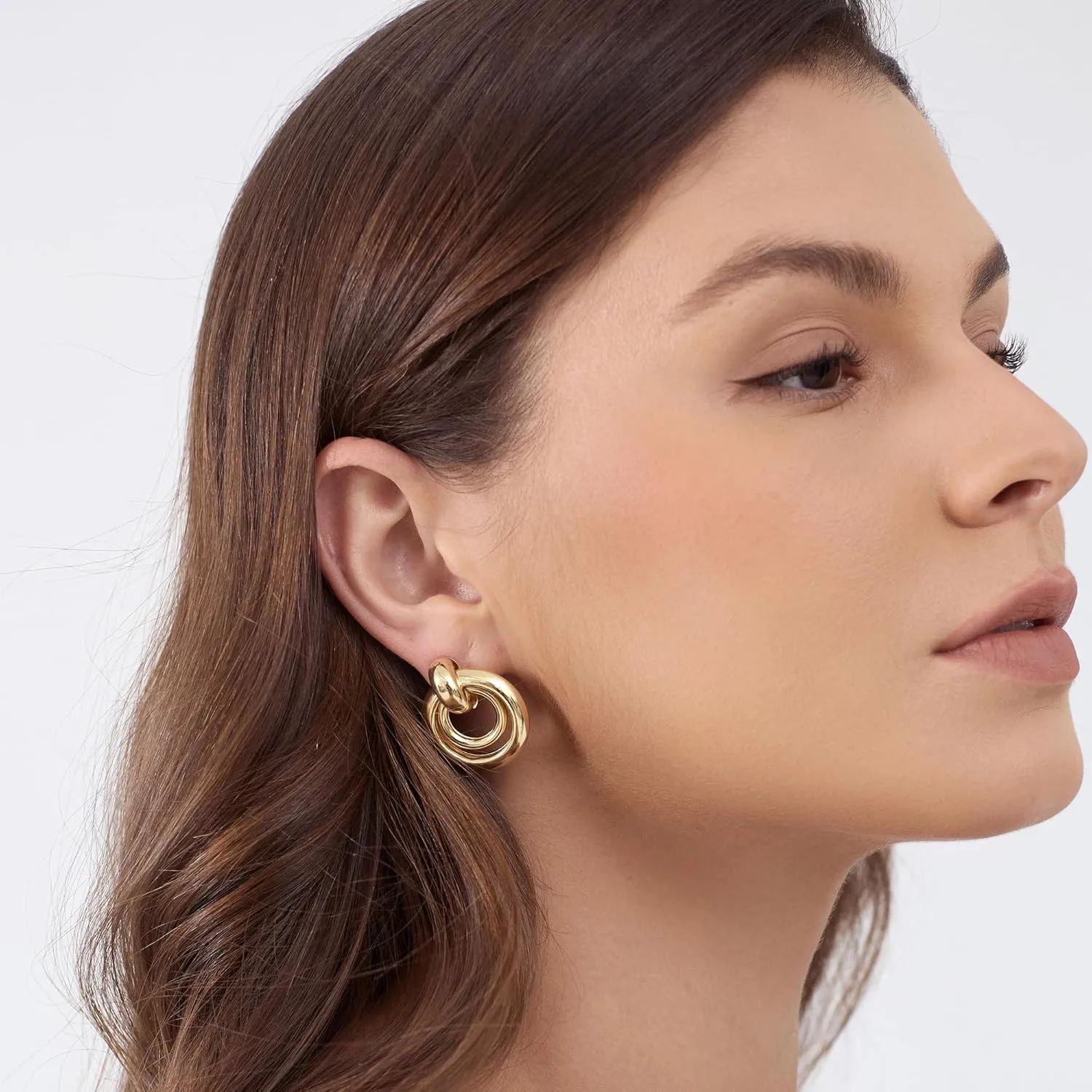 Chunky Knot Link Circle Statement Earrings, Gold-Plated, Drop Dangle Studs