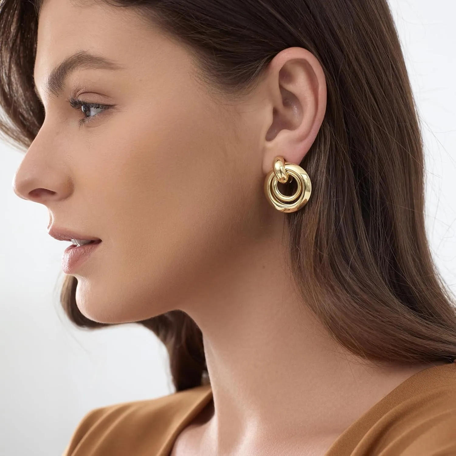 Chunky Knot Link Circle Statement Earrings, Gold-Plated, Drop Dangle Studs
