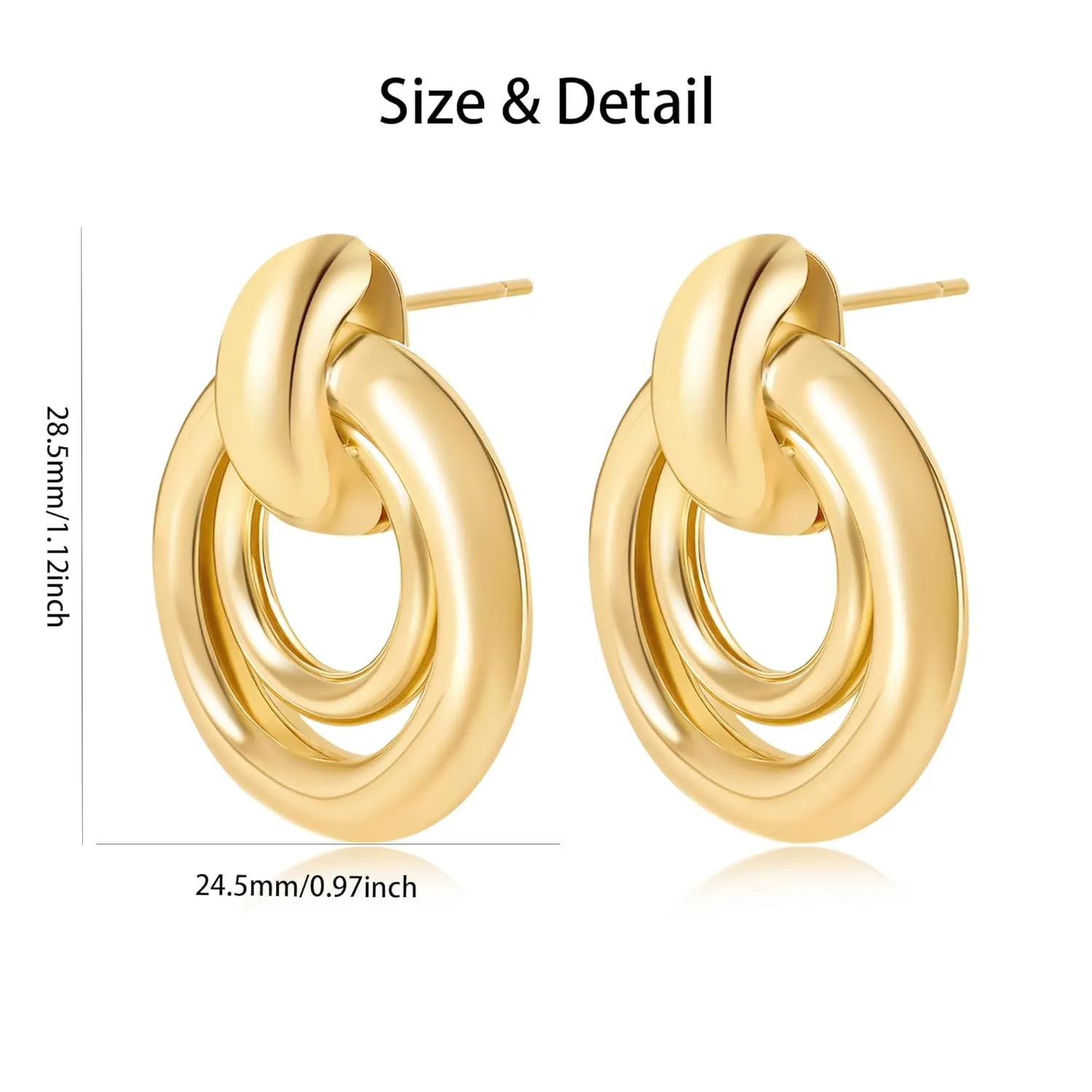 Chunky Knot Link Circle Statement Earrings, Gold-Plated, Drop Dangle Studs