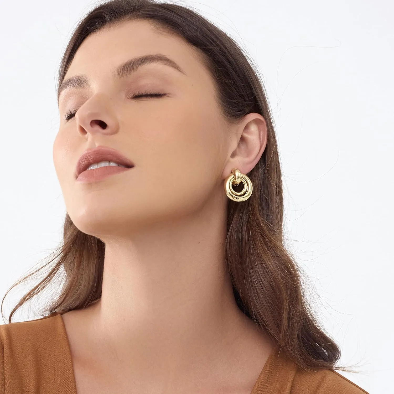 Chunky Knot Link Circle Statement Earrings, Gold-Plated, Drop Dangle Studs