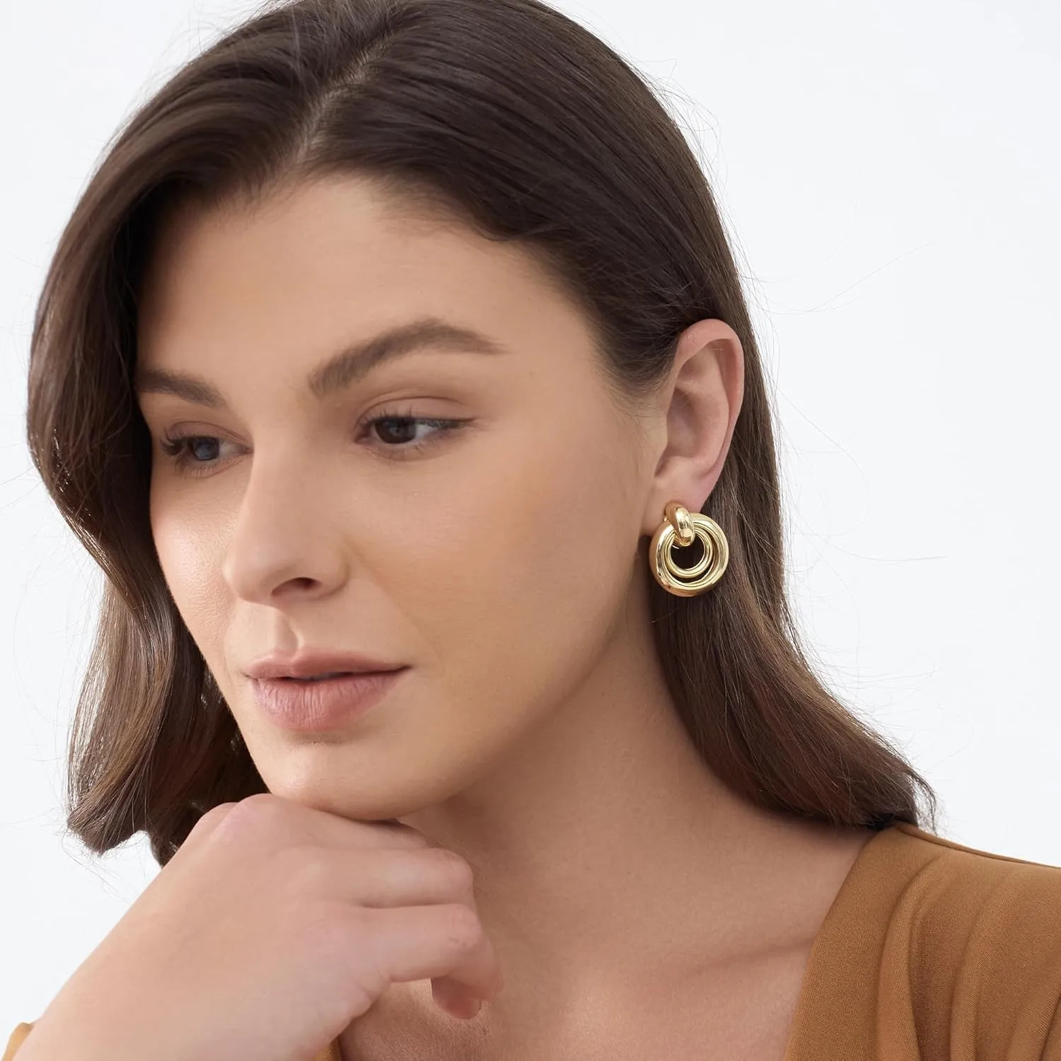Chunky Knot Link Circle Statement Earrings, Gold-Plated, Drop Dangle Studs