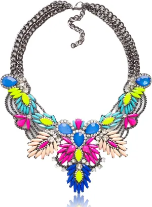 Chunky Neon Bib Necklace Summer Costume Jewelry for Women - Hot Pink & Blue Rhinestone Crystal Statement Prom Necklace,Graduation Gifts for Her