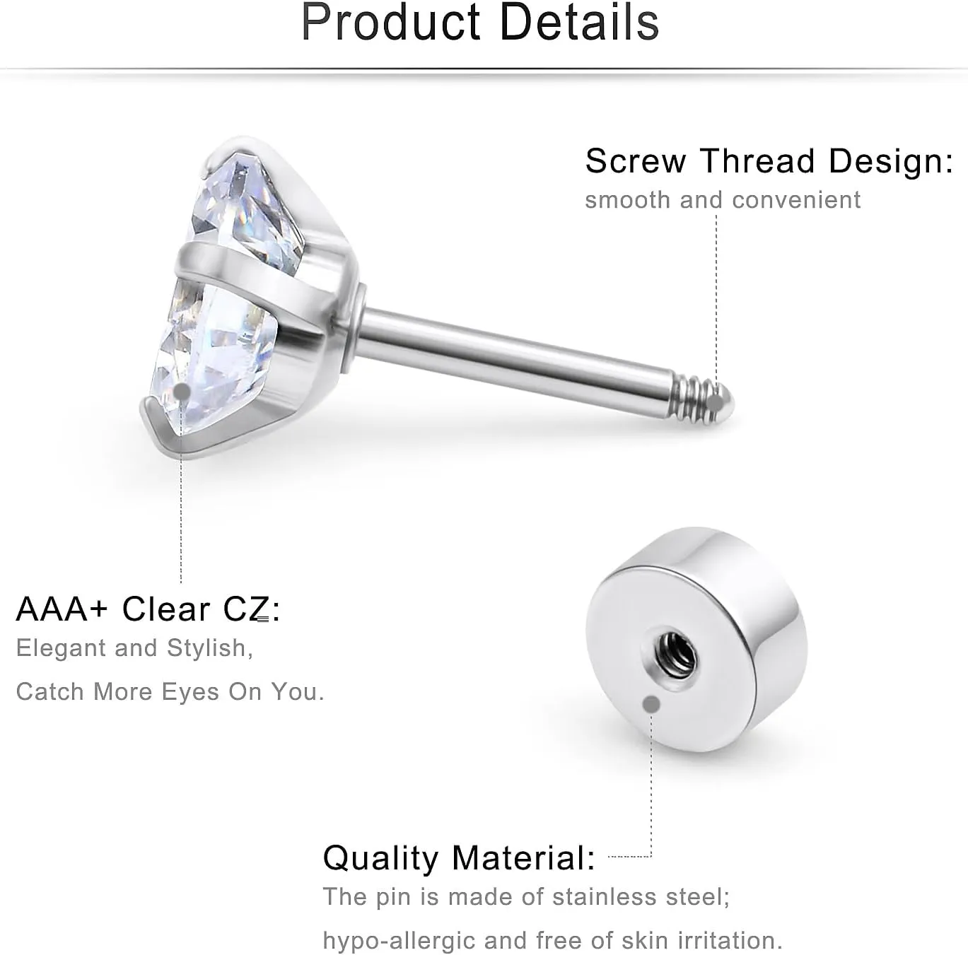 Cisyozi 20G 18G Hypoallergenic Flat Back Earrings Studs for Women Men 316L Surgical Steel Screw Back Studs Earrings Cartilage Earlobe Earrings Piercings CZ Size 2mm 3mm 4mm 5mm 6mm 7mm 8mm