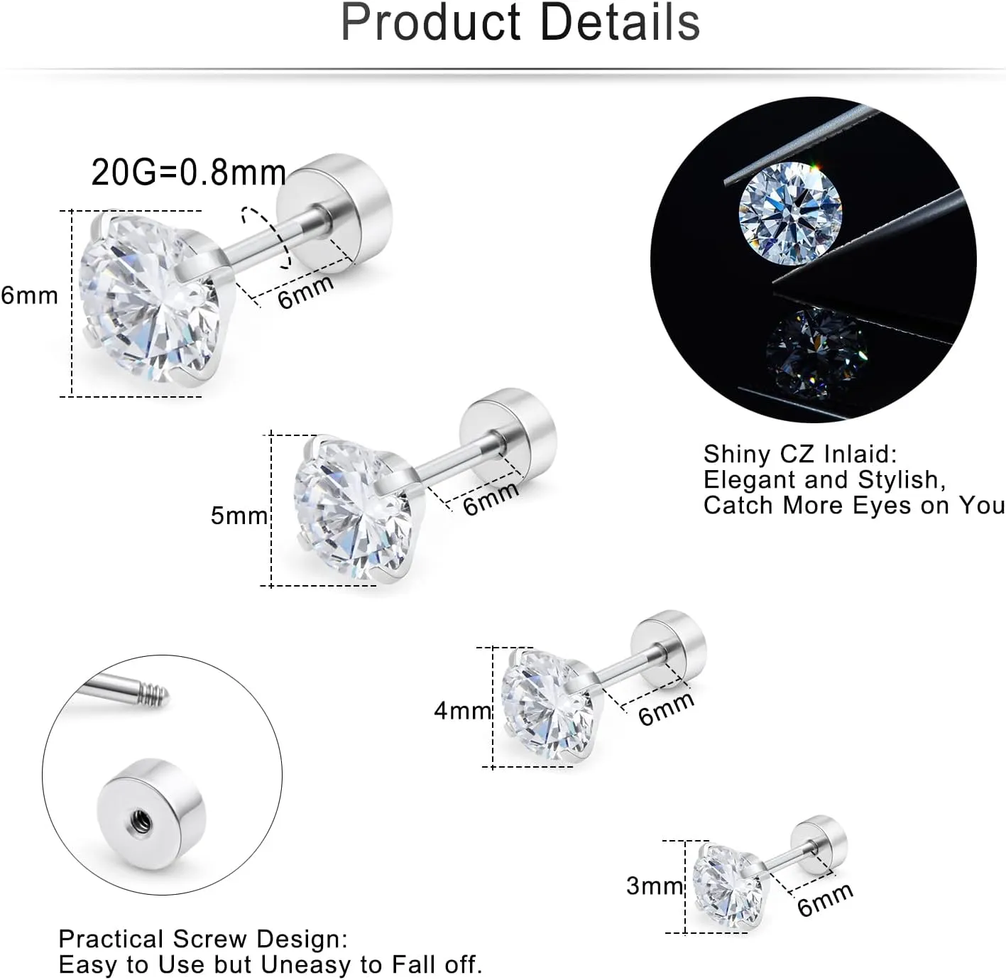 Cisyozi 20G 18G Hypoallergenic Flat Back Earrings Studs for Women Men 316L Surgical Steel Screw Back Studs Earrings Cartilage Earlobe Earrings Piercings CZ Size 2mm 3mm 4mm 5mm 6mm 7mm 8mm