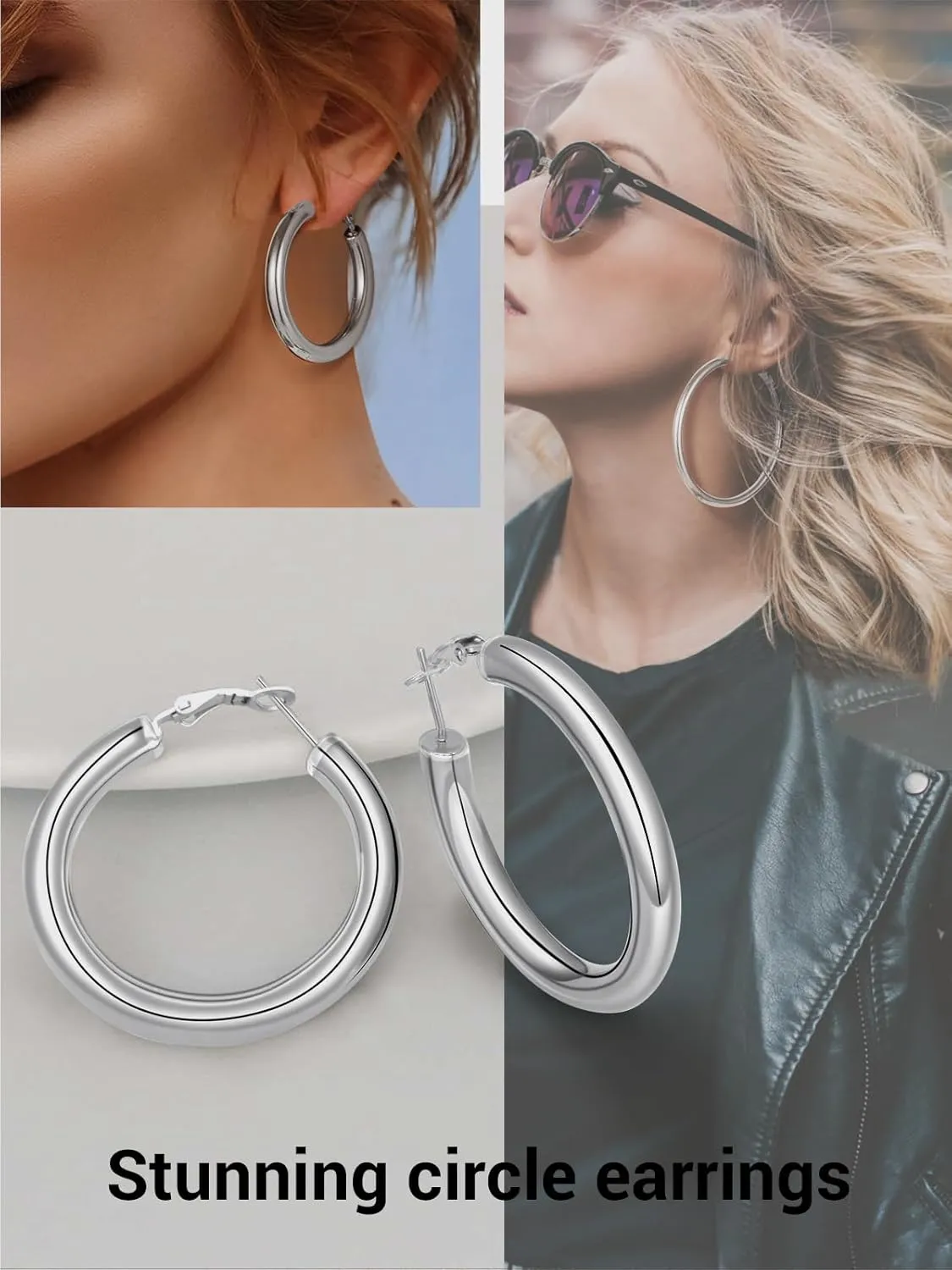 Classic Hoop Earrings for Women Stainless Steel/18K Gold Plated/Black Earrings, Chunky Hoops Earrings Size 30mm/40mm/60mm/80mm