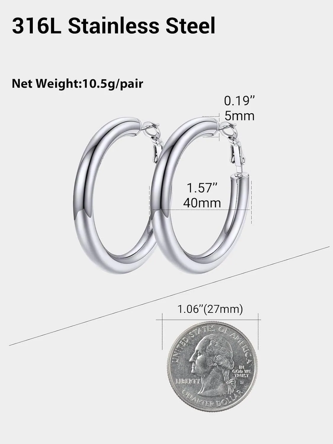 Classic Hoop Earrings for Women Stainless Steel/18K Gold Plated/Black Earrings, Chunky Hoops Earrings Size 30mm/40mm/60mm/80mm