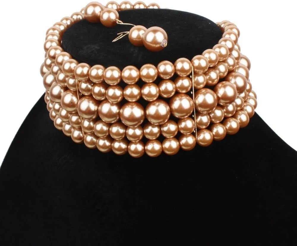COLORFUL BLING 5 Rows Elegant Simulated Pearl Strand Choker Necklace With Earrings Set Women Ladies Statement Jewelry